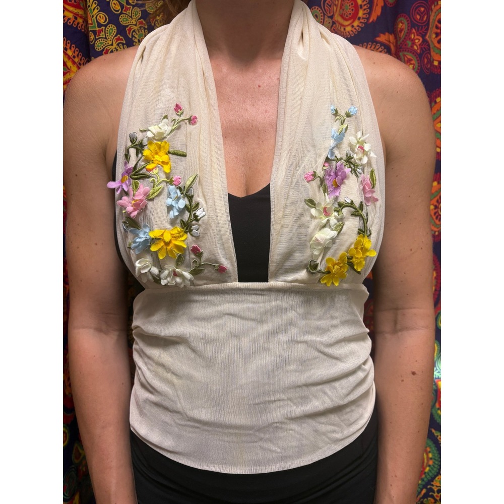 Ema Savahl Y2K Cream Mesh Floral Embroidered Applique Halter Top Made in USA